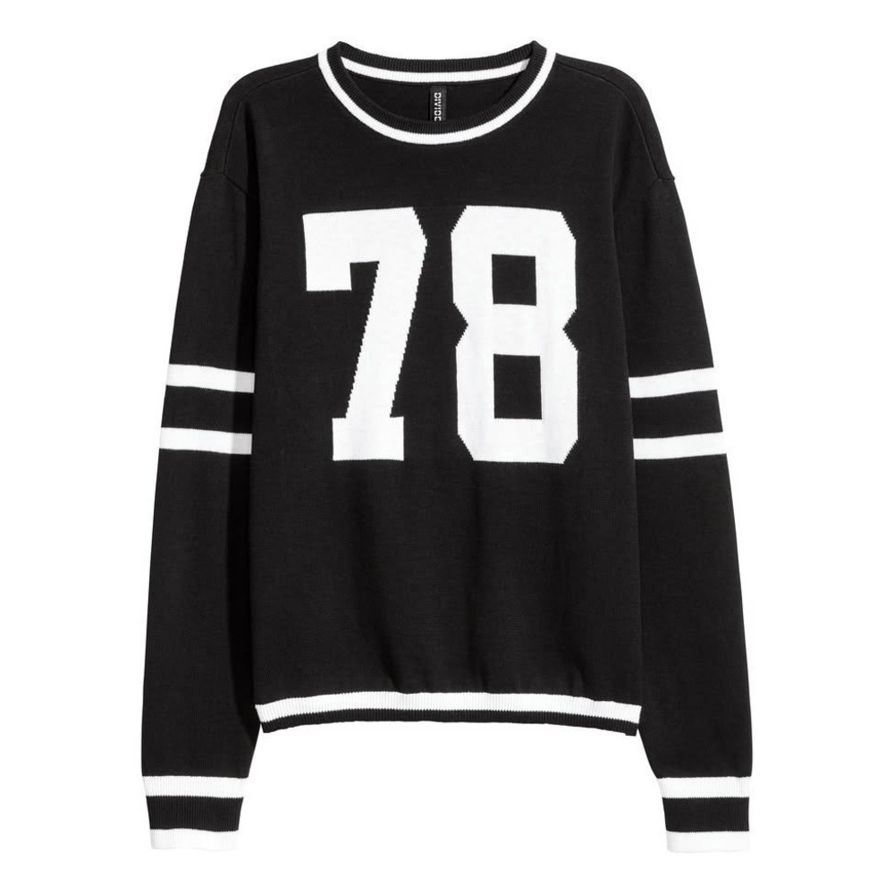 H&M Divided Women Black‎ White Varsity 78 Graphic Knit Sweater Large Collegiate